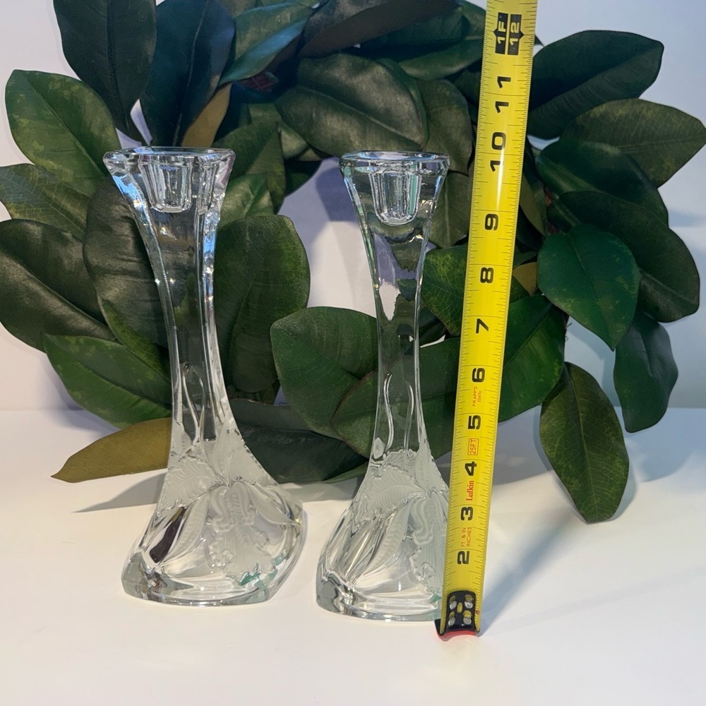 🇵🇱 Irena Poland 24% Lead Crystal 10" Candlestick Holder Pair - Etched Orchid - Picture 2 of 8